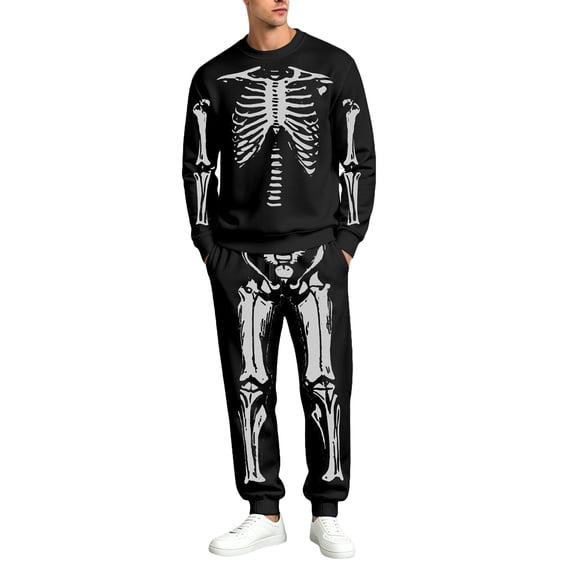 CONFREE Halloween Mens Sweatsuit 2 Peice Sets Lined Track Suit for Men Hallowmas Skeleton Graphic Sweatshirts Joggers Outfits Warm Fall Winter Tracksuits