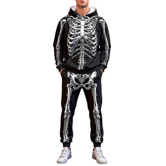 CONFREE Halloween Mens Tracksuit 2 Peice Lined Sweat Suit for Men Hallowmas Skeleton Graphic Hoodies Joggers Outfits Cozy Fall Winter Sweatsuits Set