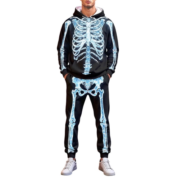 CONFREE Halloween Mens Tracksuit 2 Peice Lined Sweat Suit for Men Hallowmas Skeleton Graphic Hoodies Joggers Outfits Cozy Fall Winter Sweatsuits Set