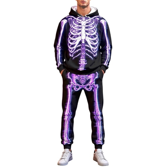 CONFREE Halloween Mens Tracksuit 2 Peice Lined Sweat Suit for Men Hallowmas Skeleton Graphic Hoodies Joggers Outfits Warm Fall Winter Track Suits Set
