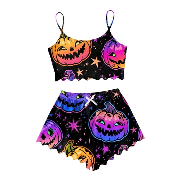 CONFREE Halloween Pajamas For Women Sleeveless Cartoon Pumpkin Ghost Sleepwear Tank Tops Shorts Hallowmas Pjs For Women Cozy Nightwear