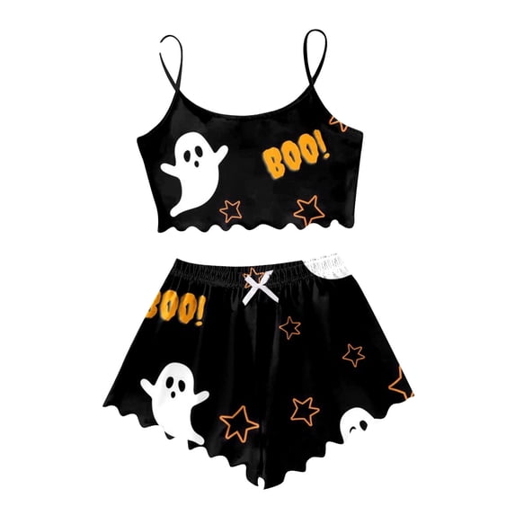 CONFREE Halloween Pajamas For Women Sleeveless Cartoon Pumpkin Ghost Sleepwear Tank Tops Shorts Hallowmas Pjs For Women Cozy Nightwear