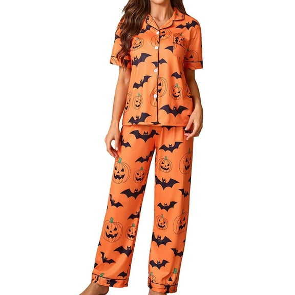 CONFREE Halloween Pajamas Set For Women Short Sleeve Cartoon Pumpkin Ghost Sleepwear Tops Pants Hallowmas Homewear Sets Lovely Nightwear
