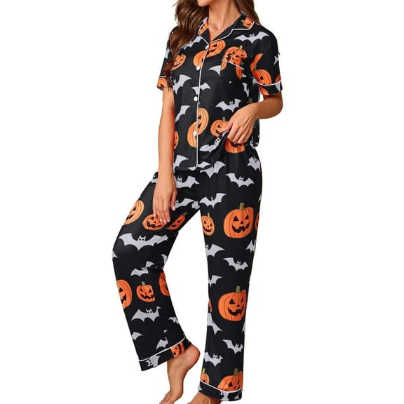 CONFREE Halloween Pajamas Set For Women Short Sleeve Cartoon Pumpkin Ghost Sleepwear Tops Pants Hallowmas Homewear Sets Lovely Nightwear