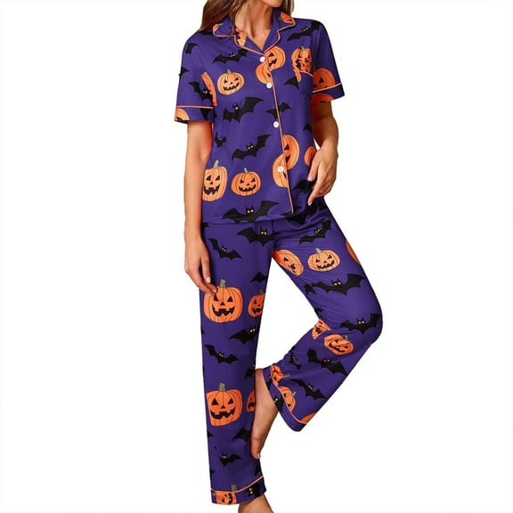 CONFREE Halloween Pajamas Set For Women Short Sleeve Cartoon Pumpkin Ghost Sleepwear Tops Pants Hallowmas Homewear Sets Lovely Nightwear