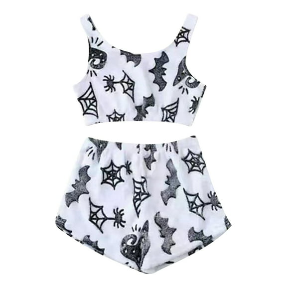 CONFREE Halloween Pajamas for Women Set Sleeveless Flannel Sleepwear Tops Shorts Hallowmas Pumpkin Ghost Pjs for Women Winter Warm Cozy Nightwear