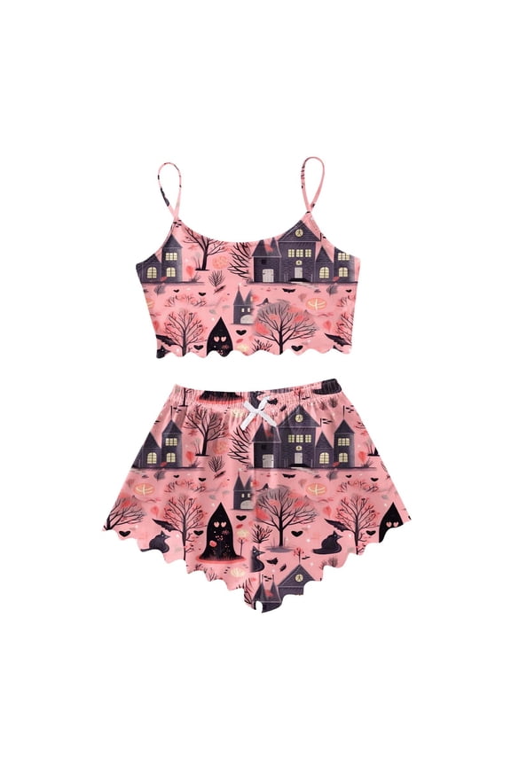 Halloween Pajamas for Women Set Sleeveless Sleepwear Tops Shorts Hallowmas Pumpkin Ghost Pjs for Women Cozy Nightwear