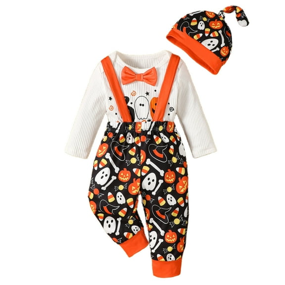 CONFREE Halloween Toddler Baby Boy Clothing Set Long Sleeve Funny Pumpkin Print T-Shirt Overalls 2Pcs Hallowmas Clothes Set Halloween Outfit For Boys