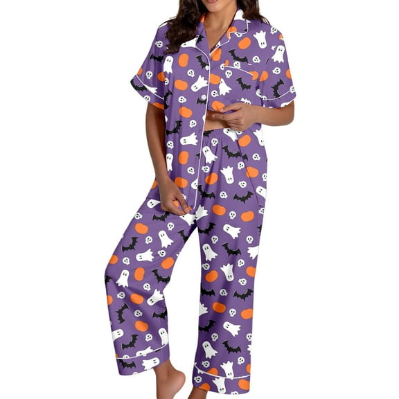 CONFREE Halloween Women Pajamas Sets Short Sleeve Buttons Sleepwear Tops Pants Hallowmas Pumpkin Ghost Pjs for Women Cozy Nightwear