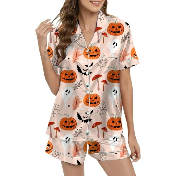 CONFREE Halloween Women Pajamas Sets Short Sleeve Satin Sleepwear Tops Shorts Hallowmas Pumpkin Ghost Pjs for Women Cozy Nightwear