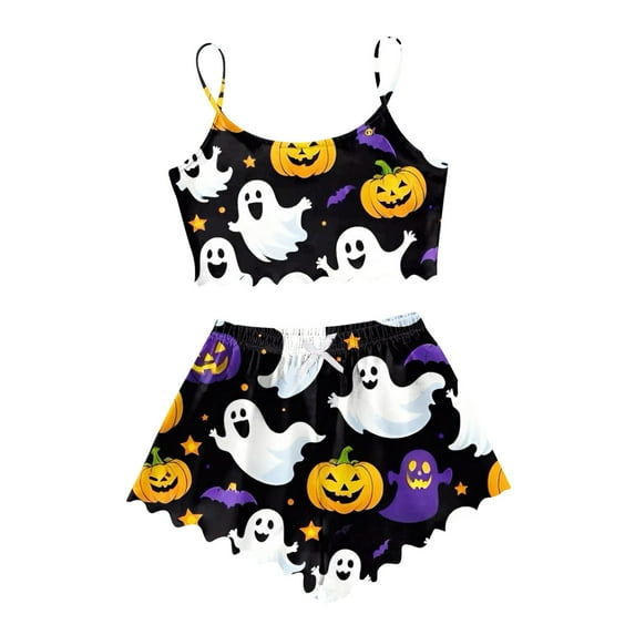CONFREE Halloween Women Pajamas Sets Sleeveless Pumpkin Ghost Sleepwear Tops Shorts Hallowmas Pjs for Women Cozy Nightwear