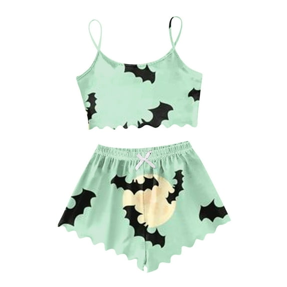 CONFREE Halloween Women Pajamas Sets Sleeveless Pumpkin Ghost Sleepwear Tops Shorts Hallowmas Pjs for Women Cozy Nightwear