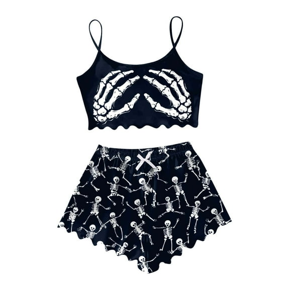 CONFREE Halloween Women Pajamas Sets Sleeveless Skeleton Sleepwear Tops Shorts Hallowmas Pjs for Women Cozy Nightwear