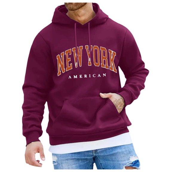 CONFREE Men's Hoodies City Letter Prints Hoodies For Men Graphic Long Sleeve Casual Pullover Hooded Sweatshirts With Pockets