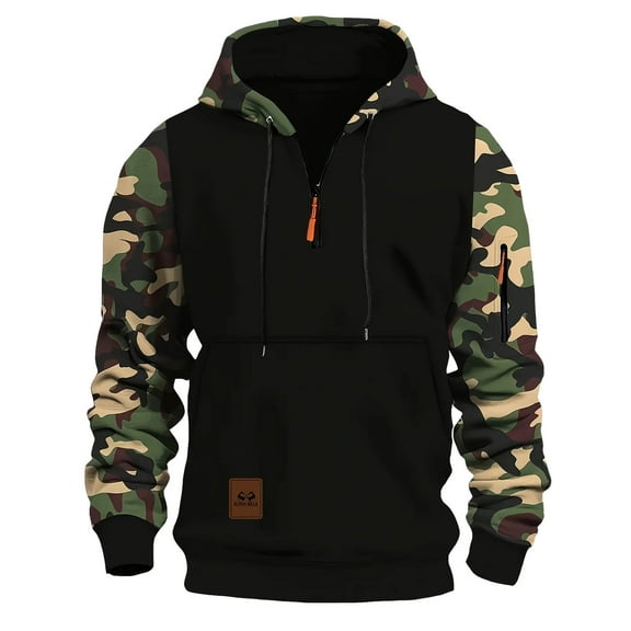 CONFREE Men's Hoodies Patchwork Camo Prints Hoodies For Men Half Zip Long Sleeve Fleeced Casual Pullover Hooded Sweatshirts With Pockets
