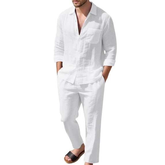 CONFREE Mens 2 Peice Linen Pant Sets Casual Men's Jogging Tracksuit Set Soft Buttons Shirts Pants Beach Vacation Outfits for Men