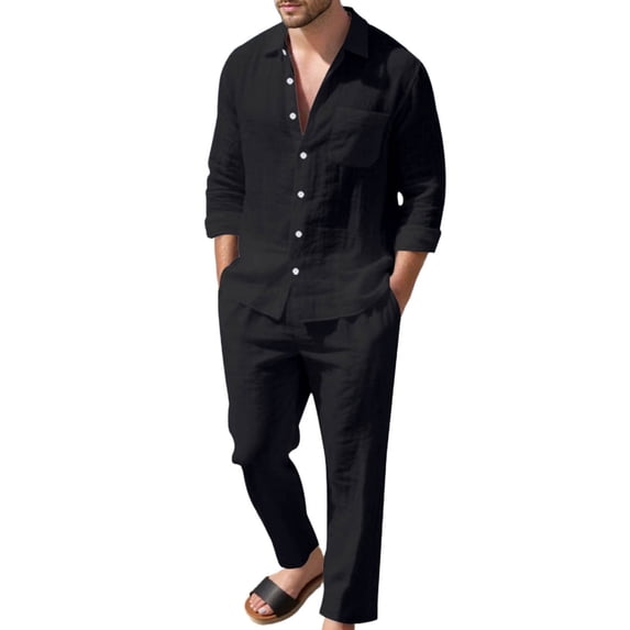 CONFREE Mens 2 Peice Linen Pant Sets Casual Men's Jogging Tracksuit Set Soft Buttons Shirts Pants Beach Vacation Outfits for Men