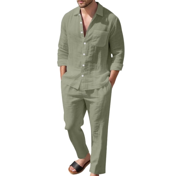 CONFREE Mens 2 Peice Linen Pant Sets Casual Men's Jogging Tracksuit Set Soft Buttons Shirts Pants Beach Vacation Outfits for Men