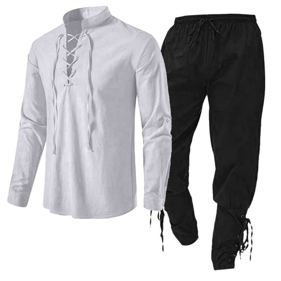 CONFREE Mens 2 Peice Linen Pant Sets Casual Men's Summer Outfits Set Solid Henley Shirt Pants Beach Vacation Outfits for Men