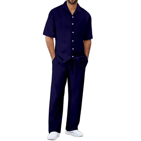 CONFREE Mens 2 Peice Sets Casual Men's Summer Outfits Set Solid Buttons Shirts Pants Beach Vacation Outfits for Men