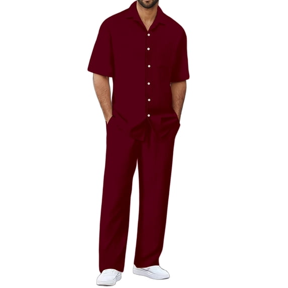 CONFREE Mens 2 Peice Sets Casual Men's Summer Outfits Set Solid Buttons Shirts Pants Beach Vacation Outfits for Men
