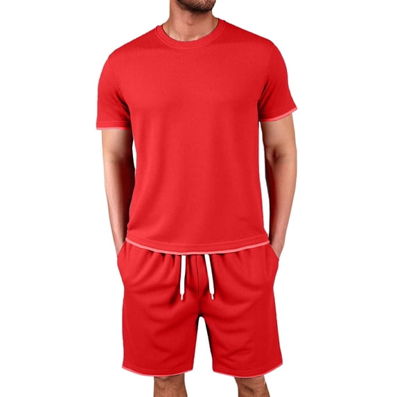 CONFREE Mens 2 Peice Shorts Sets Casual Men's Jogging Tracksuit Set Solid Waffle Tops Shorts Athletic Sweat Suit for Men