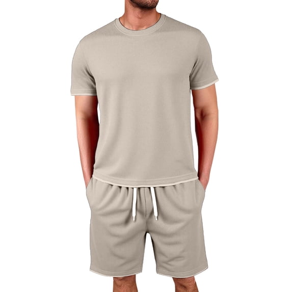 CONFREE Mens 2 Peice Shorts Sets Casual Men's Jogging Tracksuit Set Solid Waffle Tops Shorts Athletic Sweat Suit for Men