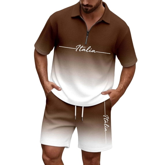 CONFREE Mens 2 Peice Shorts Sets Casual Men's Summer Outfits Set Gradient Color Waffle Polo Shirts Shorts Beach Vacation Outfits for Men