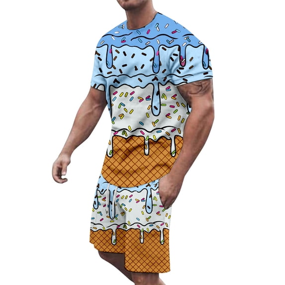 CONFREE Mens 2 Peice Shorts Sets Casual Men's Summer Outfits Set Ice Cream Graphic Tshirts Shorts Athletic Sweat Suit for Men