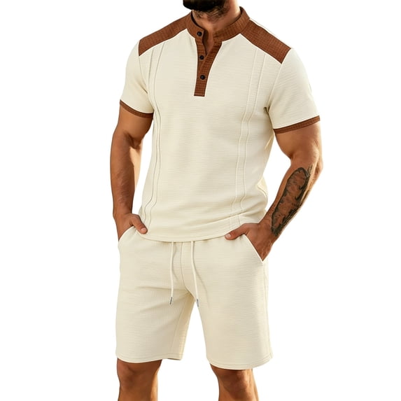 CONFREE Mens 2 Peice Shorts Sets Casual Men's Summer Outfits Set Patchwork Color Tshirts Shorts Athletic Track Suits for Men