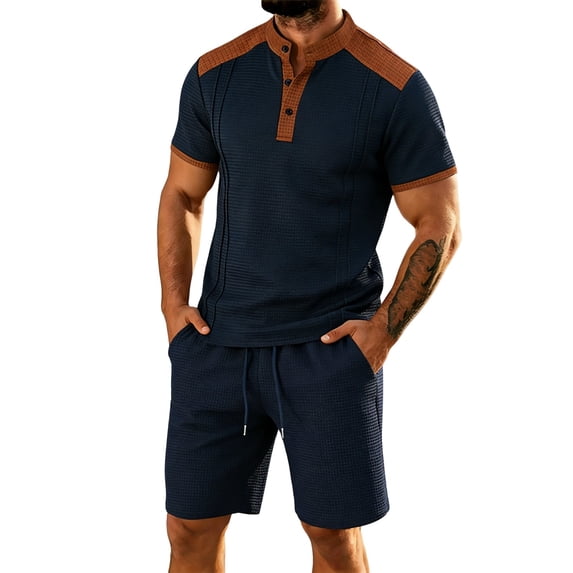 CONFREE Mens 2 Peice Shorts Sets Casual Men's Summer Outfits Set Patchwork Color Tshirts Shorts Athletic Track Suits for Men