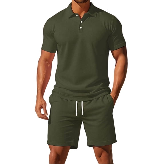 CONFREE Mens 2 Peice Shorts Sets Casual Men's Summer Outfits Set Solid Buttons Polo Shirts Shorts Beach Vacation Outfits for Men