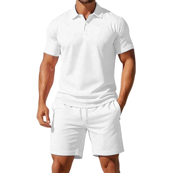 CONFREE Mens 2 Peice Shorts Sets Casual Men's Summer Outfits Set Solid Buttons Polo Shirts Shorts Beach Vacation Outfits for Men