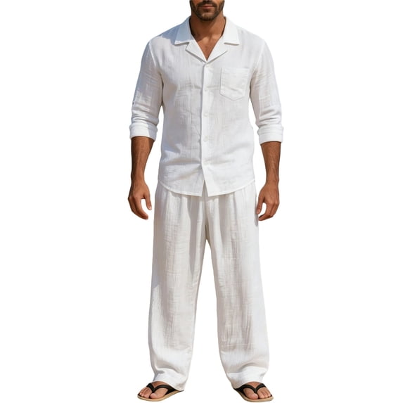 CONFREE Mens Linen 2 Peice Sets Casual Men's Summer Outfits Set Soft Buttons Shirts Pants Beach Vacation Outfits for Men