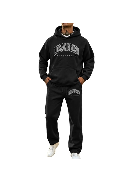 Mens Sweatsuit 2 Peice Sets Lined Sweat Suit for Men Letter Graphic Y2K Hoodies Sweatpants Outfits Warm Fall Winter Track Suits Set
