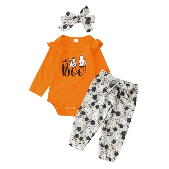 CONFREE Toddler Baby Girl Halloween Outfits Long Sleeve Cute Pumpkin Print Bodysuit Pants With Hairband 3Pcs Hallowmas Outfit Set Fall Clothing Set