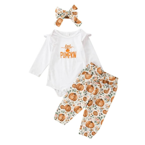 CONFREE Toddler Baby Girl Halloween Outfits Long Sleeve Cute Pumpkin Print Bodysuit Pants With Hairband 3Pcs Hallowmas Outfit Set Fall Clothing Set
