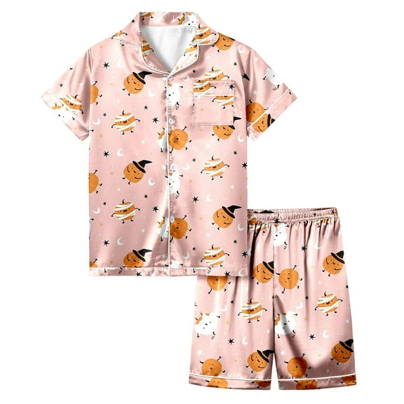 CONFREE Toddler Boy Halloween Clothes Pajamas Short Sleeve Cartoon Pumpkin Ghost Sleepwear Tops Pant Hallowmas Loungewear Set Cozy Jammies