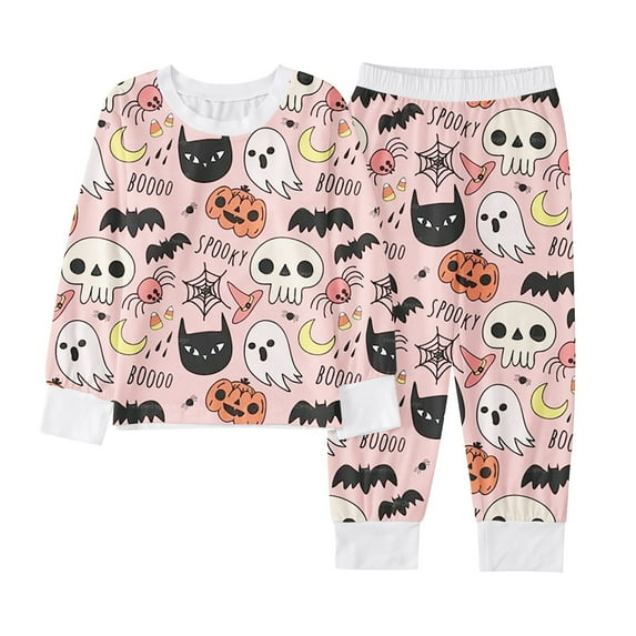 CONFREE Toddler Girls Halloween Pajamas Long Sleeve Cartoon Pumpkin Ghost Loungewear Tops Pant Hallowmas Pjs for Toddler Girl Cozy Jammies