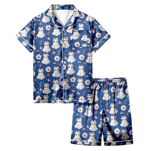 CONFREE Unisex Kids Halloween Pajamas Set Short Sleeve Cartoon Pumpkin Ghost Sleepwear Tops Pant Hallowmas Pjs Set Lovely Jammies