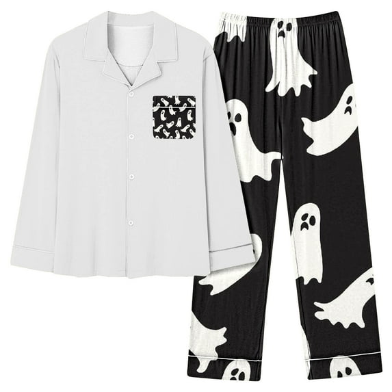 CONFREE Womens Halloween Pajamas Long Sleeve Cartoon Pumpkin Ghost Satin Sleepwear Tops Pants Hallowmas Pjs For Women Cozy Nightwear