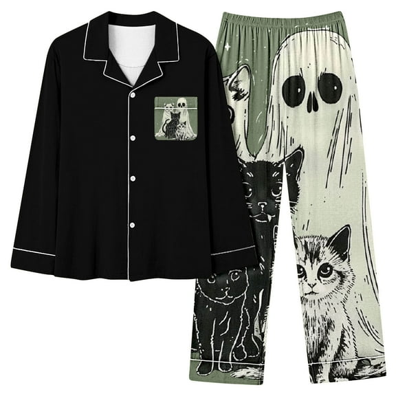 CONFREE Womens Halloween Pajamas Long Sleeve Cartoon Pumpkin Ghost Satin Sleepwear Tops Pants Hallowmas Pjs For Women Cozy Nightwear