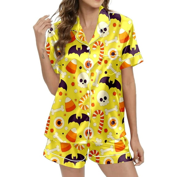 CONFREE Womens Halloween Pajamas Short Sleeve Cartoon Pumpkin Ghost Satin Sleepwear Tops Pants Hallowmas Pjs For Women Cozy Nightwear