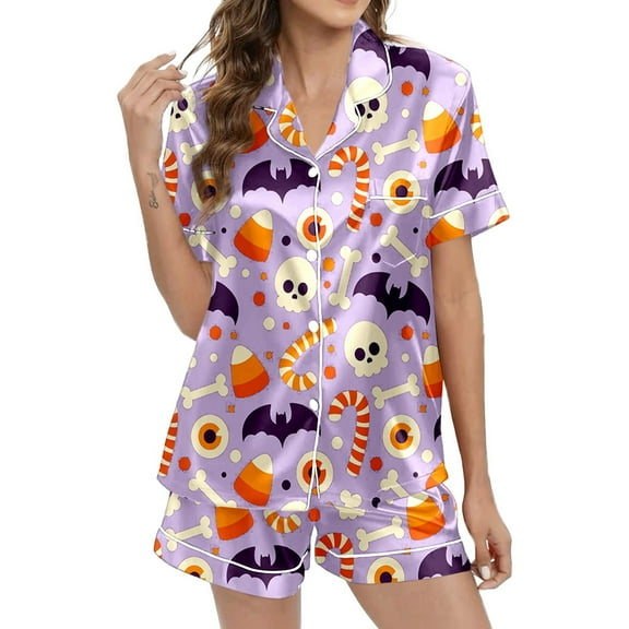 CONFREE Womens Halloween Pajamas Short Sleeve Cartoon Pumpkin Ghost Satin Sleepwear Tops Pants Hallowmas Pjs For Women Cozy Nightwear