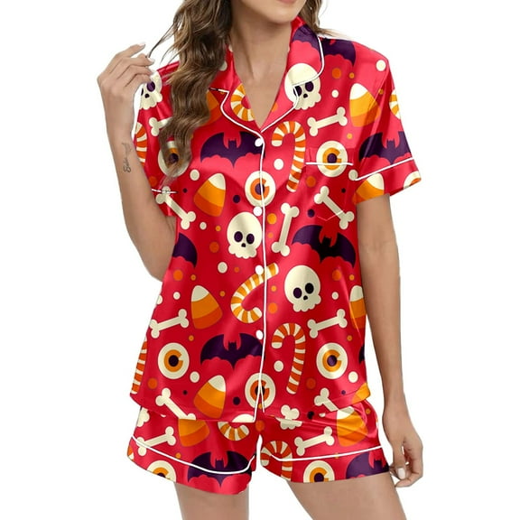 CONFREE Womens Halloween Pajamas Short Sleeve Cartoon Pumpkin Ghost Satin Sleepwear Tops Pants Hallowmas Pjs For Women Cozy Nightwear