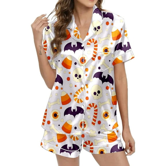 CONFREE Womens Halloween Pajamas Short Sleeve Cartoon Pumpkin Ghost Satin Sleepwear Tops Pants Hallowmas Pjs For Women Cozy Nightwear