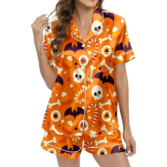 CONFREE Womens Halloween Pajamas Short Sleeve Cartoon Pumpkin Ghost Satin Sleepwear Tops Pants Hallowmas Pjs For Women Cozy Nightwear