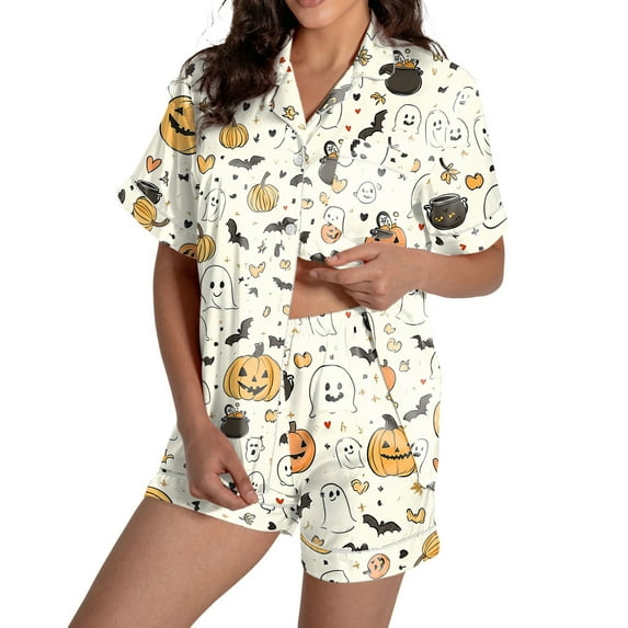 CONFREE Womens Halloween Pajamas Short Sleeve Cartoon Pumpkin Ghost Satin Sleepwear Tops Shorts Hallowmas Pjs For Women Cozy Nightwear