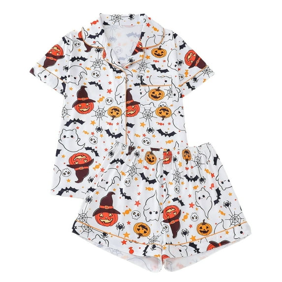 CONFREE Womens Halloween Pajamas Short Sleeve Cartoon Pumpkin Ghost Sleepwear Tops Shorts Hallowmas Pjs For Women Cozy Nightwear