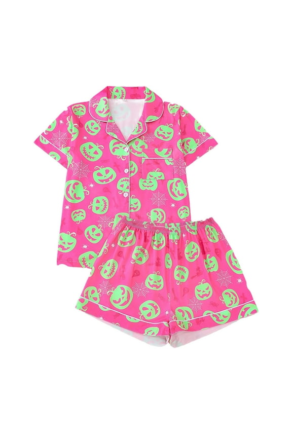 Womens Halloween Pajamas Short Sleeve Cartoon Pumpkin Ghost Sleepwear Tops Shorts Hallowmas Pjs Set Lovely Nightwear